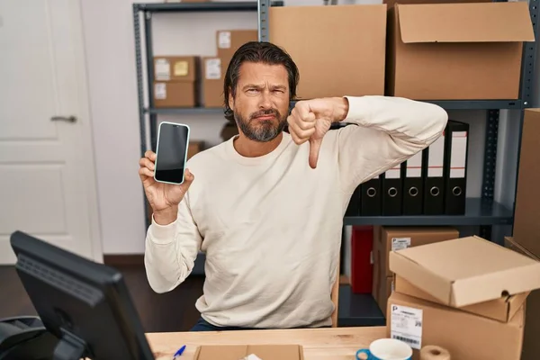 Handsome Middle Age Man Working Small Business Ecommerce Holding Smartphone — Foto Stock