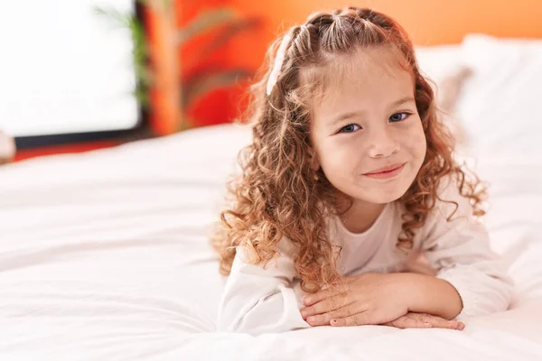 Adorable Blonde Toddler Smiling Confident Lying Bed Bedroom — Stock Photo, Image