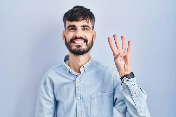 Young Hispanic Man Beard Standing Blue Background Showing Pointing Fingers — 스톡 사진