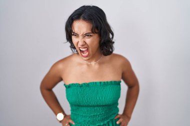 Young hispanic woman standing over isolated background angry and mad screaming frustrated and furious, shouting with anger. rage and aggressive concept. 