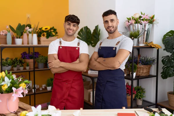 Two Hispanic Men Florists Smiling Confident Standing Arms Crossed Gesture — Stock Photo, Image