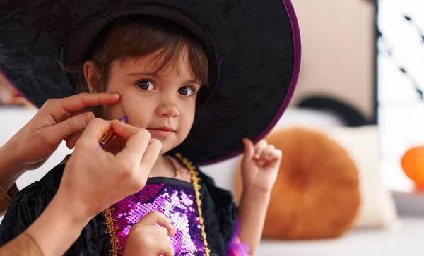 Adorable Hispanic Girl Wearing Halloween Costume Standing Home — Stok fotoğraf
