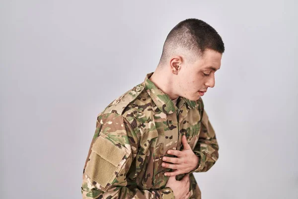 Young Man Wearing Camouflage Army Uniform Hand Stomach Because Nausea — Foto de Stock