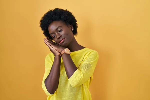African Young Woman Standing Yellow Studio Sleeping Tired Dreaming Posing — Zdjęcie stockowe