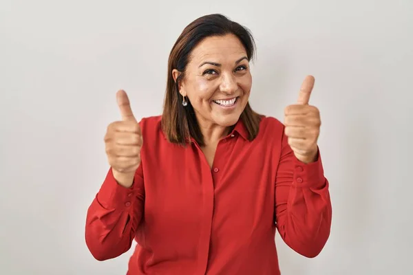 Hispanic Mature Woman Standing White Background Success Sign Doing Positive — Photo