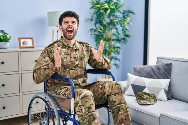 Arab Man Wearing Camouflage Army Uniform Sitting Wheelchair Crazy Mad — Stock Photo, Image