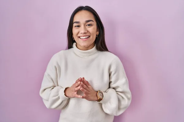 Young South Asian Woman Standing Pink Background Hands Together Fingers — Foto de Stock