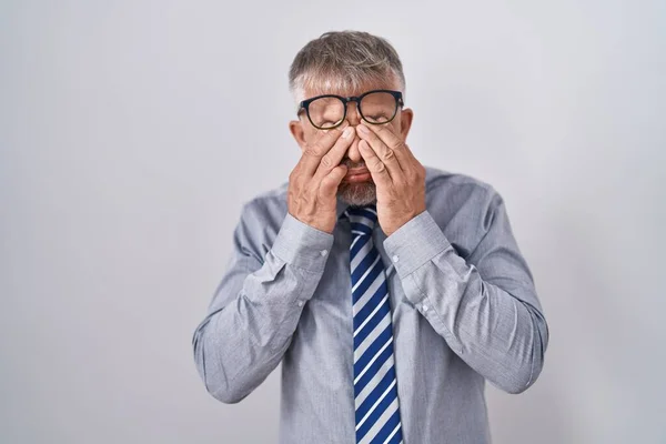 Hispanic Business Man Grey Hair Wearing Glasses Rubbing Eyes Fatigue — Stockfoto