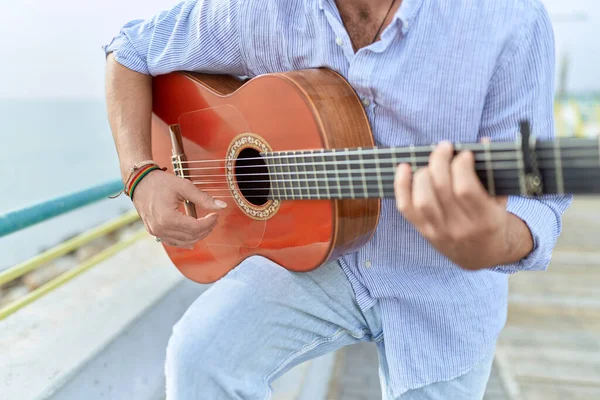 Young Hispanic Man Musician Playing Classical Guitar Seaside — Fotografia de Stock