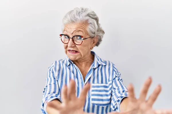 Senior Woman Grey Hair Standing White Background Afraid Terrified Fear — Stock Photo, Image