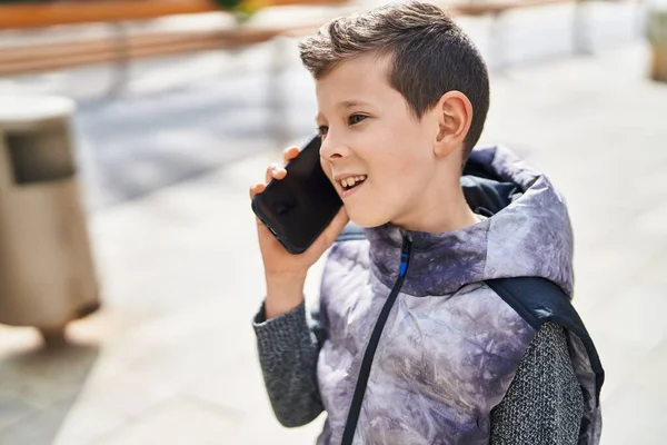 Blond Child Smiling Confident Talking Smartphone Street — Stok fotoğraf