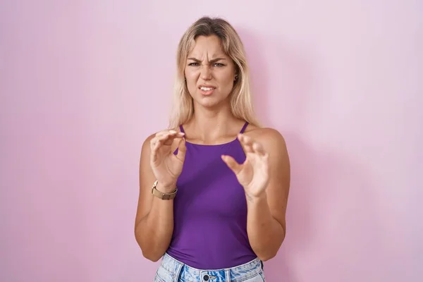 Young Blonde Woman Standing Pink Background Disgusted Expression Displeased Fearful — Zdjęcie stockowe