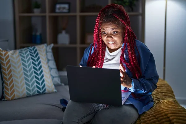 African American Woman Braided Hair Using Computer Laptop Night Crazy —  Fotos de Stock