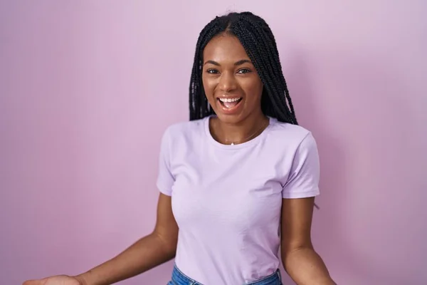 African American Woman Braids Standing Pink Background Smiling Cheerful Open — Stockfoto