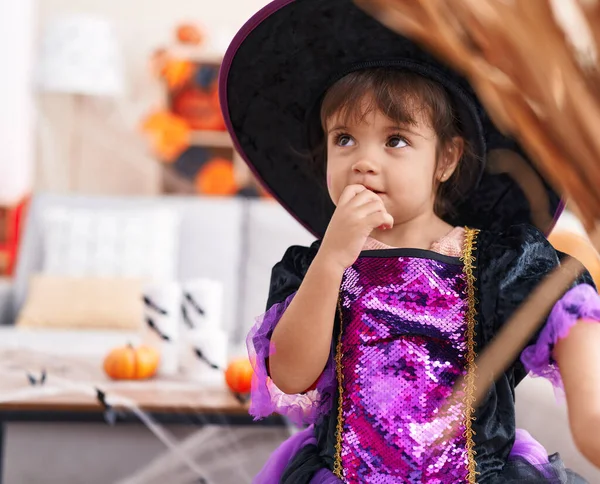 Adorable Hispanic Girl Wearing Halloween Costume Standing Home — Stok fotoğraf