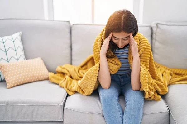Young Hispanic Girl Stressed Sitting Sofa Home — Foto de Stock