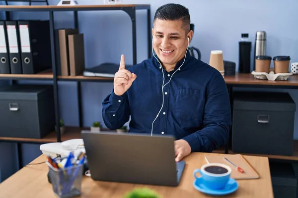 Hispanic Young Man Working Office Laptop Smiling Idea Question Pointing — Stok fotoğraf