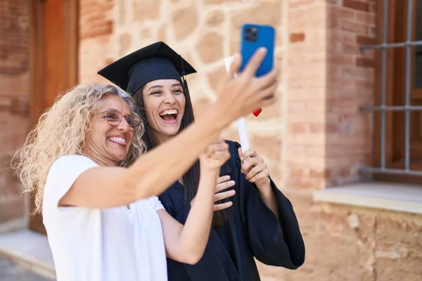 Two Women Mother Graduated Daughter Having Video Call Campus University — Stok fotoğraf