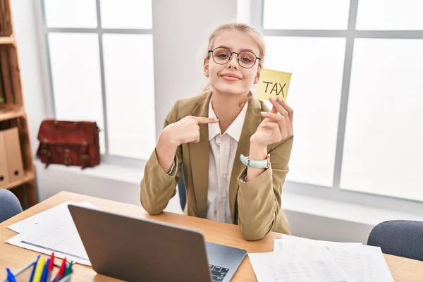 Young Caucasian Woman Office Calculating Taxes Pointing Finger One Self — Stock Photo, Image