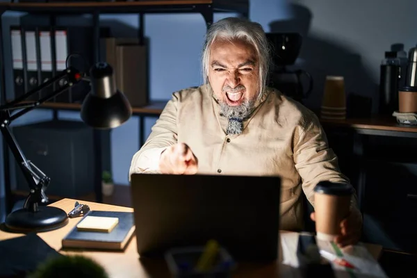 Middle Age Man Grey Hair Working Office Night Pointing Displeased — Stok fotoğraf