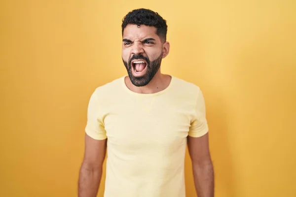 Hispanic Man Beard Standing Yellow Background Angry Mad Screaming Frustrated — Stock Photo, Image