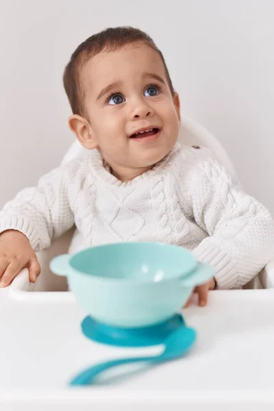 Adorable Hispanic Toddler Smiling Confident Sitting Highchair Isolated White Background — ストック写真
