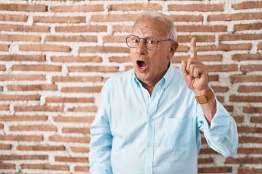 Senior man with grey hair standing over bricks wall pointing finger up with successful idea. exited and happy. number one. 