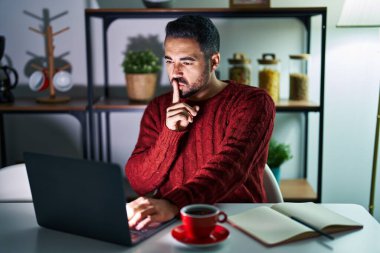 Sakallı genç bir İspanyol gece evde bilgisayar kullanıyor ve parmakları dudaklarında sessiz olmak istiyor. sessizlik ve gizli konsept. 