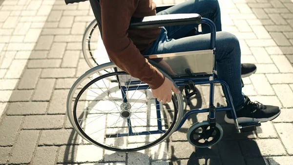 Young Hispanic Man Sitting Wheelchair Relaxed Expression Street — Foto Stock