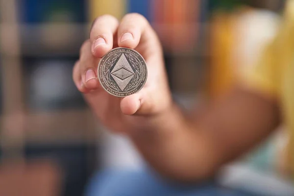 Young Hispanic Man Holding Ethereum Classic Crypto Currency Home — Foto de Stock