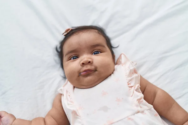 African American Baby Smiling Confident Lying Bed Bedroom — Stock fotografie