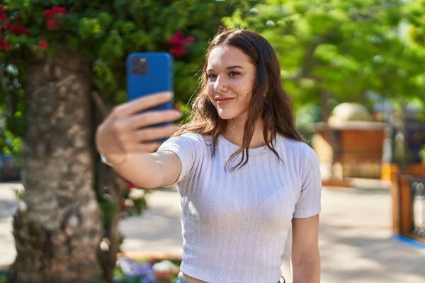 Young Woman Smiling Confident Making Selfie Smartphone Street — Foto de Stock
