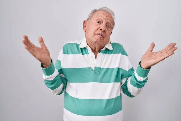 Senior Man Grey Hair Standing White Background Clueless Confused Expression — Foto Stock