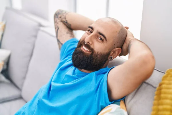 Young Bald Man Relaxed Hands Head Sitting Sofa Home — Stock Photo, Image