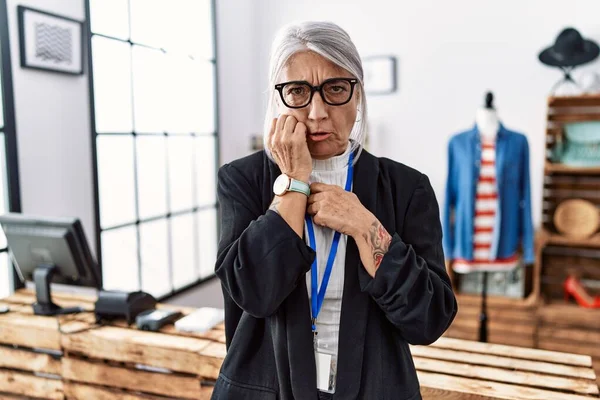 Middle Age Grey Haired Woman Working Manager Retail Boutique Looking — Φωτογραφία Αρχείου