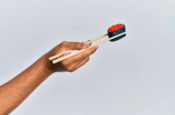 Hand Man Holding Tuna Nigiri Chopsticks Isolated White Background — Stockfoto