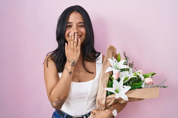 Brunette Woman Holding Bouquet White Flowers Laughing Embarrassed Giggle Covering — стокове фото