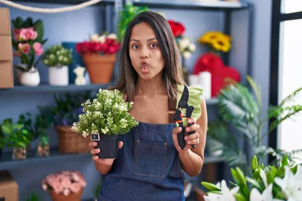 Hispanic Young Woman Working Florist Shop Making Fish Face Mouth — Zdjęcie stockowe