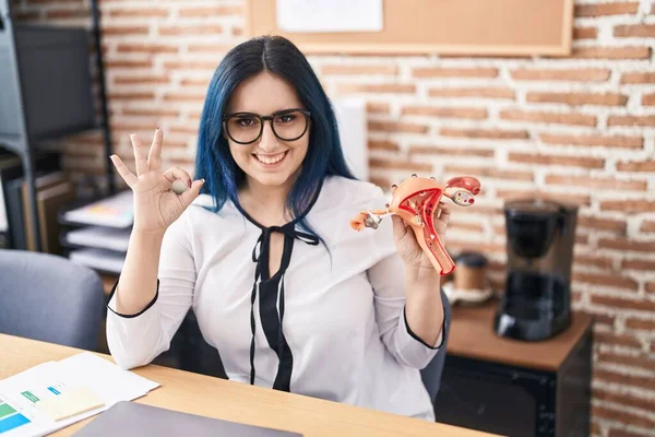 Young girl with blue hair holding model of female genital organ at the office complaining for menstruation pain doing ok sign with fingers, smiling friendly gesturing excellent symbol