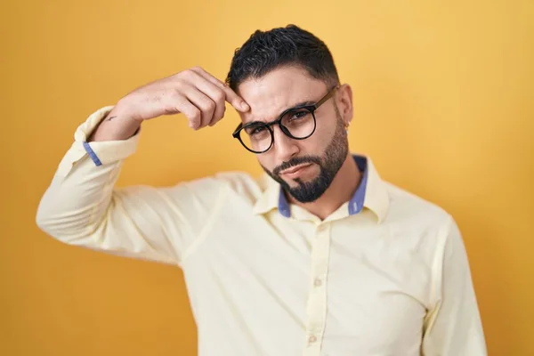 Hispanic Young Man Wearing Business Clothes Glasses Pointing Unhappy Pimple — Stock Photo, Image