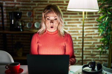 Blonde woman using laptop at night at home afraid and shocked with surprise expression, fear and excited face. 