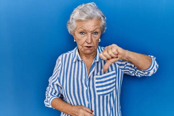 Senior Woman Grey Hair Standing Blue Background Looking Unhappy Angry — Stock Photo, Image