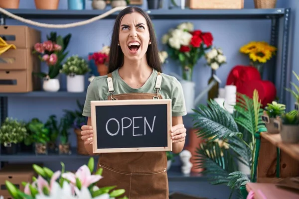 Young Brunette Woman Working Florist Holding Open Sign Angry Mad — Stockfoto