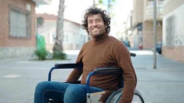Young Hispanic Man Smiling Confident Sitting Wheelchair Street — Foto Stock