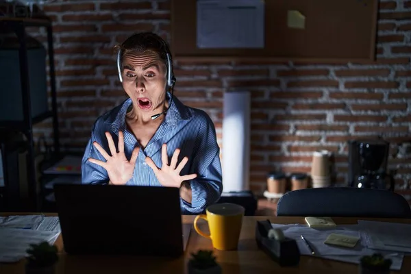 Beautiful Brunette Woman Working Office Night Afraid Terrified Fear Expression — Stockfoto