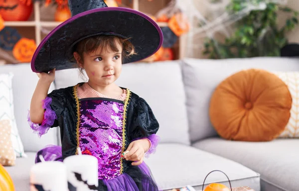 Adorable Hispanic Girl Wearing Halloween Costume Standing Home — Foto Stock