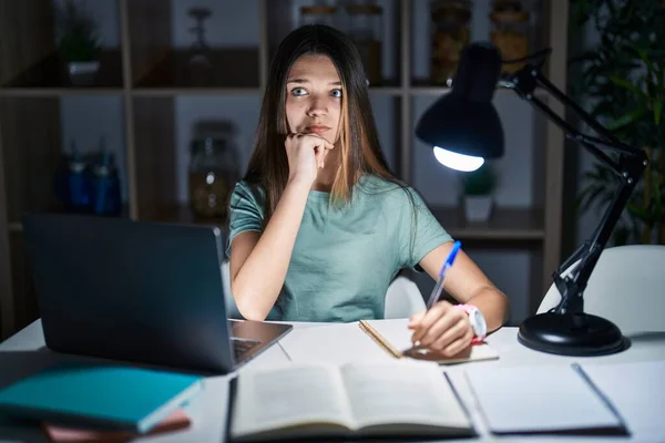 Teenager Girl Doing Homework Home Late Night Thinking Worried Question — Zdjęcie stockowe