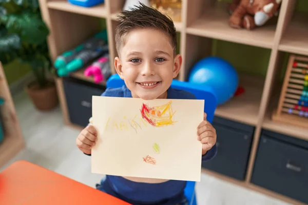 Adorable Hispanic Boy Preschool Student Sitting Table Showing Draw Kindergarten — Fotografia de Stock