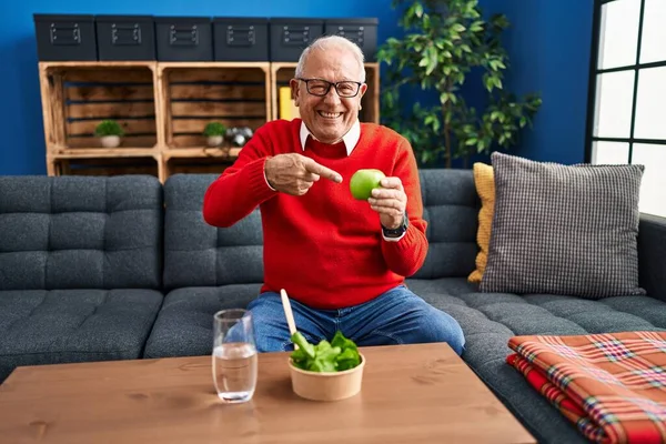 Senior Man Grey Hair Eating Salad Green Apple Smiling Happy — Stock fotografie