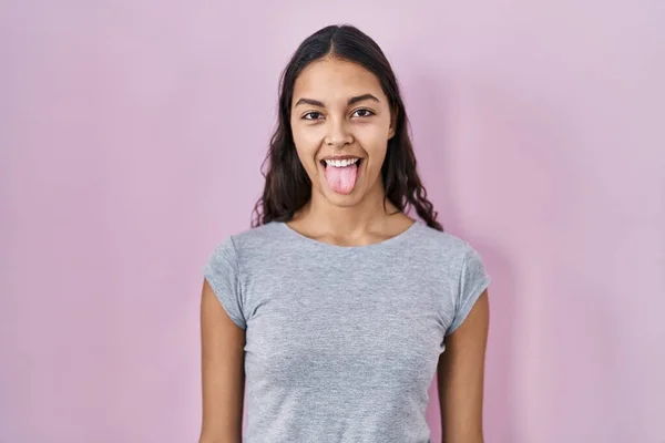 Young Brazilian Woman Wearing Casual Shirt Pink Background Sticking Tongue — Foto de Stock